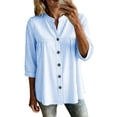 thumbnail image 2 of Sokhug Womens Cotton Linen Striped 3/4 Sleeve Stand Collar Button Down Breathable Casual Daily Tunic Blouse Tops, 2 of 7