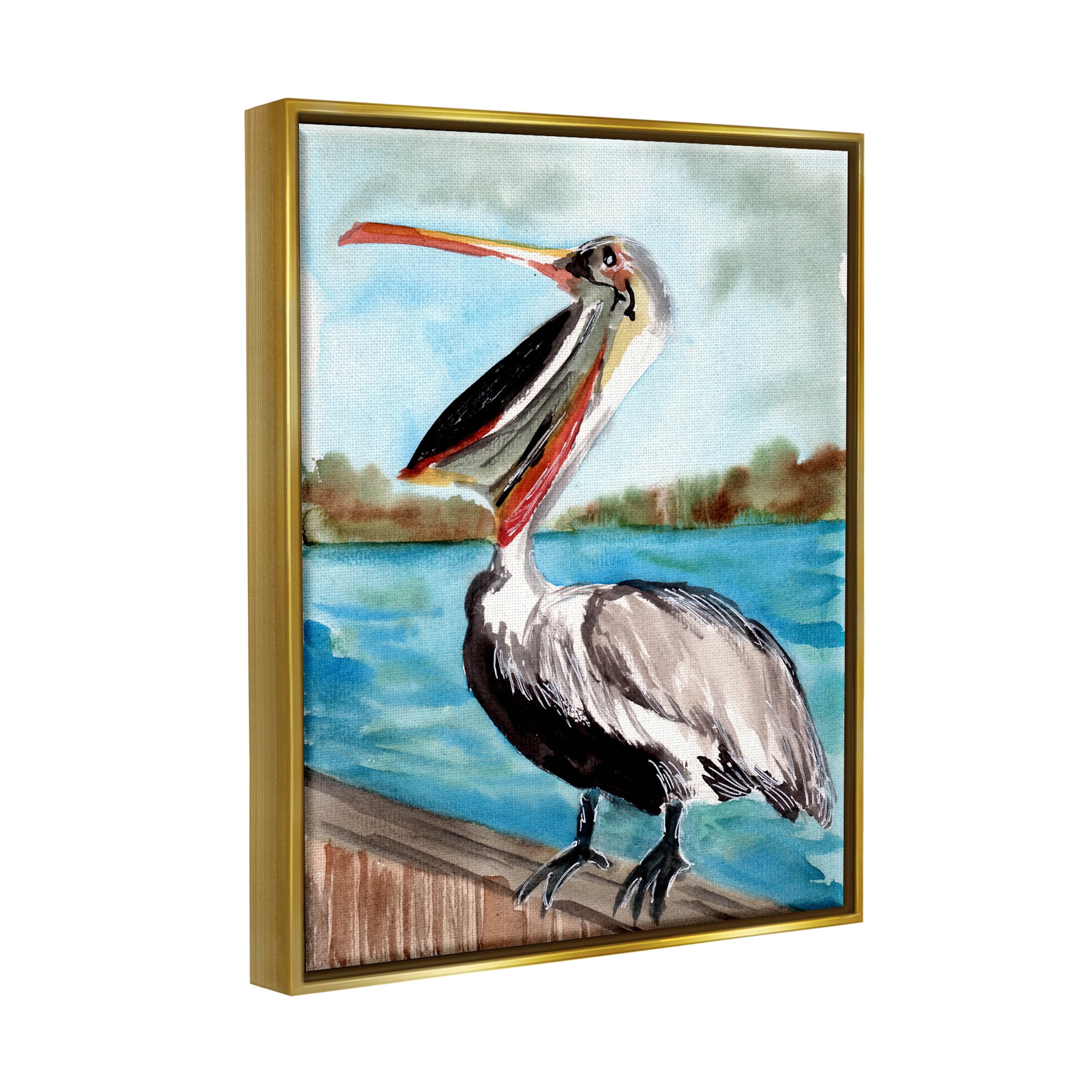 Nautical Pelican Bird Beak Animals & Insects Painting Metallic Gold Framed Art Print Wall Art