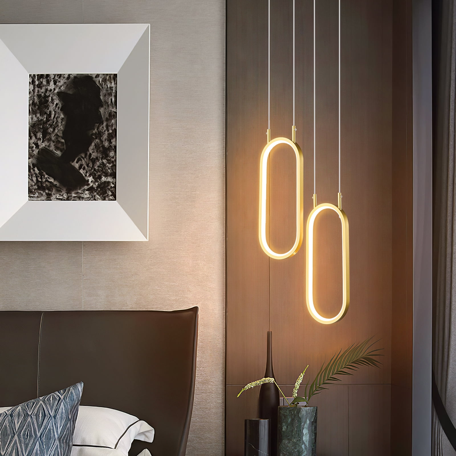 Gold Kitchen Pendant Light LED Oval Chandelier 2 Rings Pendant Light Fixture for Kitchen Island Dining Room Living Room Bedroom