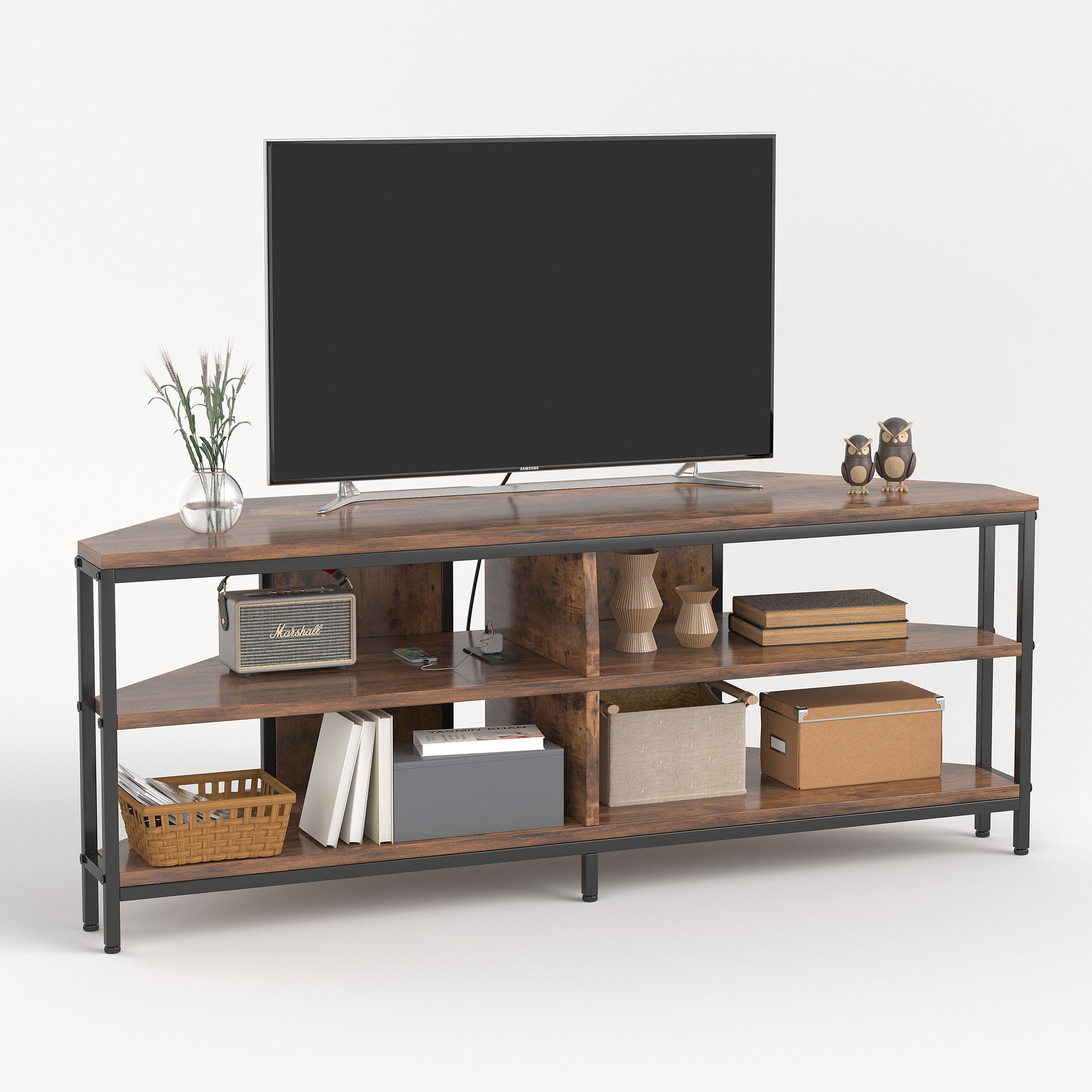 BREEZEHEAT  Corner TV Stand with Metal Leg for TV up to 55 in, French Oak Grey