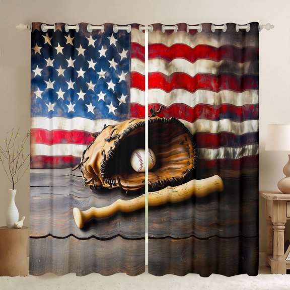 ManfeiUSA Flag Baseball Kitchen Curtains,Patriotic American Flag Black Out Curtains Pack of 2 (42x63 Each), Brown Red White