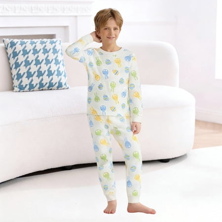 Toddler Easter Pajamas Crewneck Soft Comfort Long Sleeve Top Pants Set Bunny Printed Size 3-4 Years Boys Pajamas