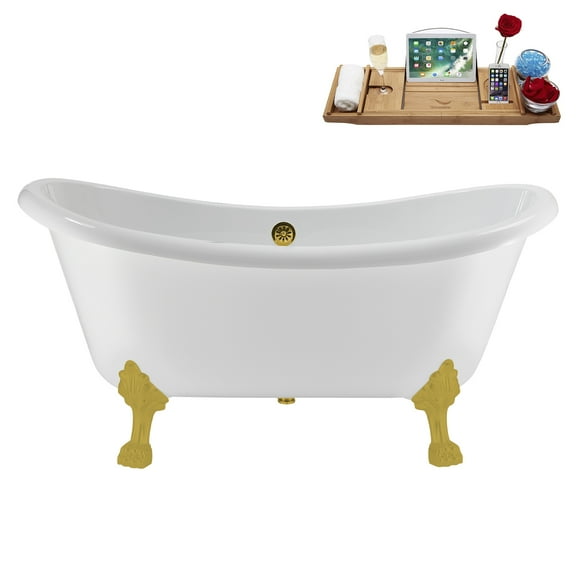 59" Streamline N4880BGL-GLD Soaking Clawfoot Tub and Tray With External Drain in Polished Gold and Brushed Gold Clawfeet