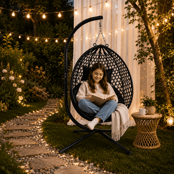 SYNGAR Foldable Hanging Egg Chair with Stand, HDPE Rattan Wicker Swing Chair with Cushion, Outdoor Egg Chair for Patio Balcony Bedroom, Heavy Duty 350 Lbs Capacity, Black