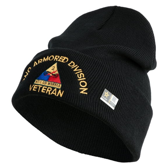 U.S. Army 2nd Armored Division Logo Embroidered 12 Inch Solid Knit Cuff Long Beanie Made in USA - Black OSFM