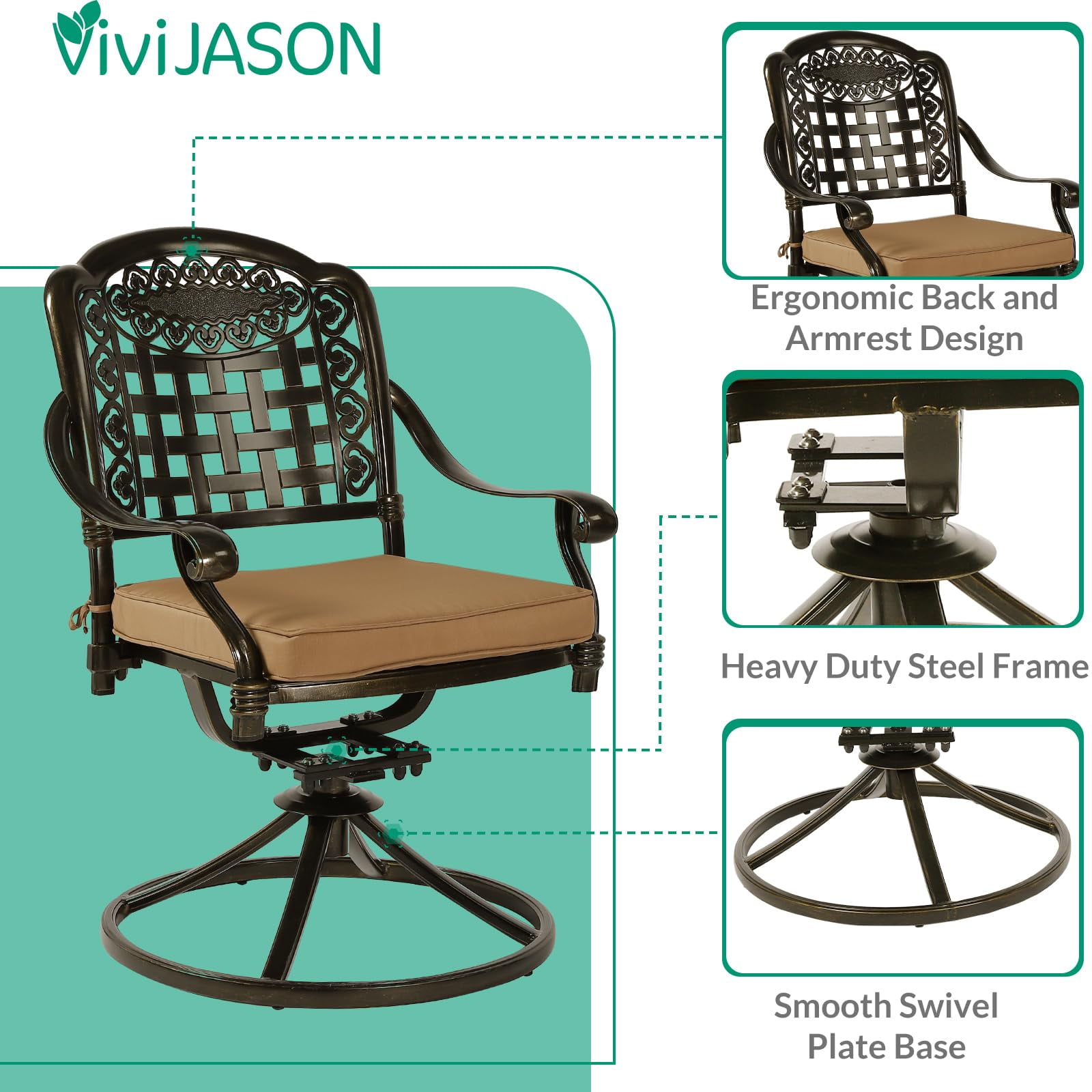 VIVIJASON 9-Piece Outdoor Furniture Dining Set, Rust-Free Cast Aluminum Patio Conversation Set, Include 8 Swivel Dining Chairs & 61" Round Dining Table with 31" Lazy Susan, Umbrella Hole, Khaki