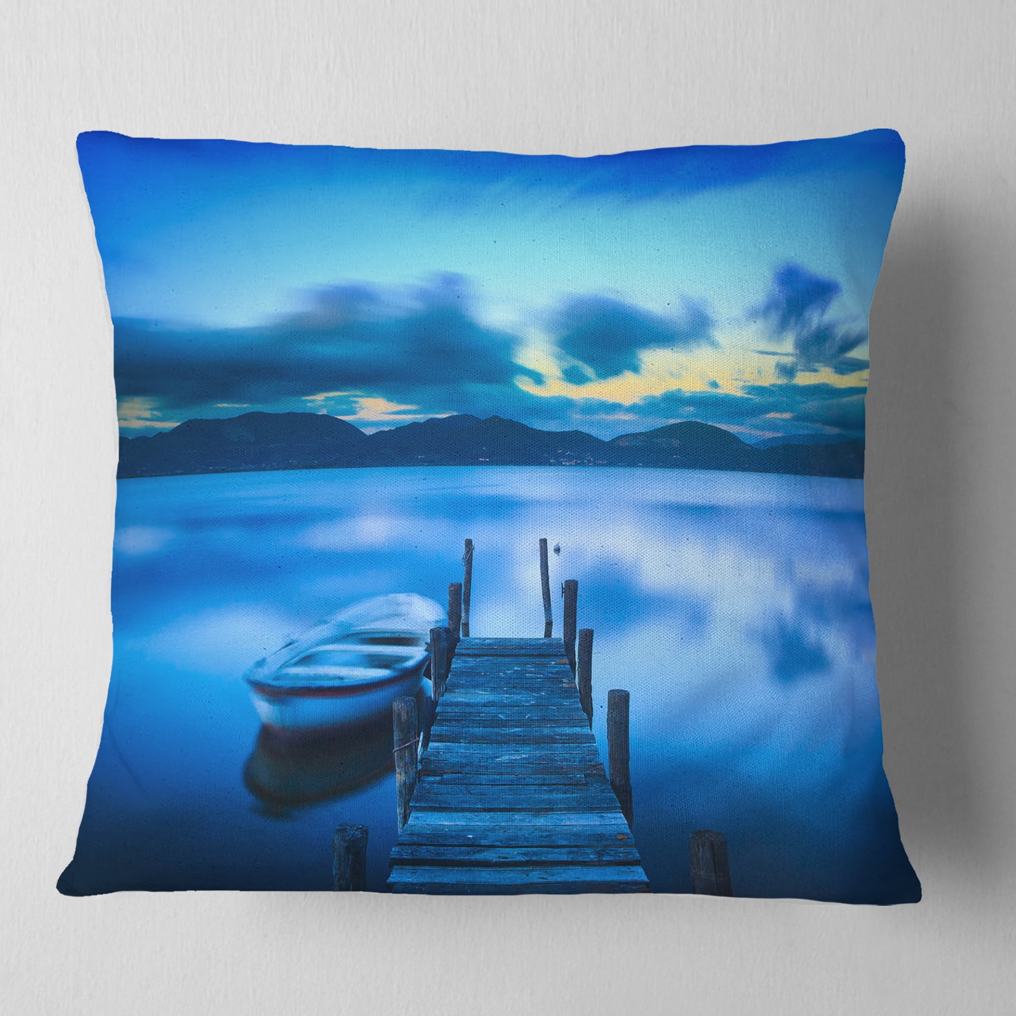 Designart Cloudy Blue Sky with Pier - Seascape Throw Pillow - 16x16