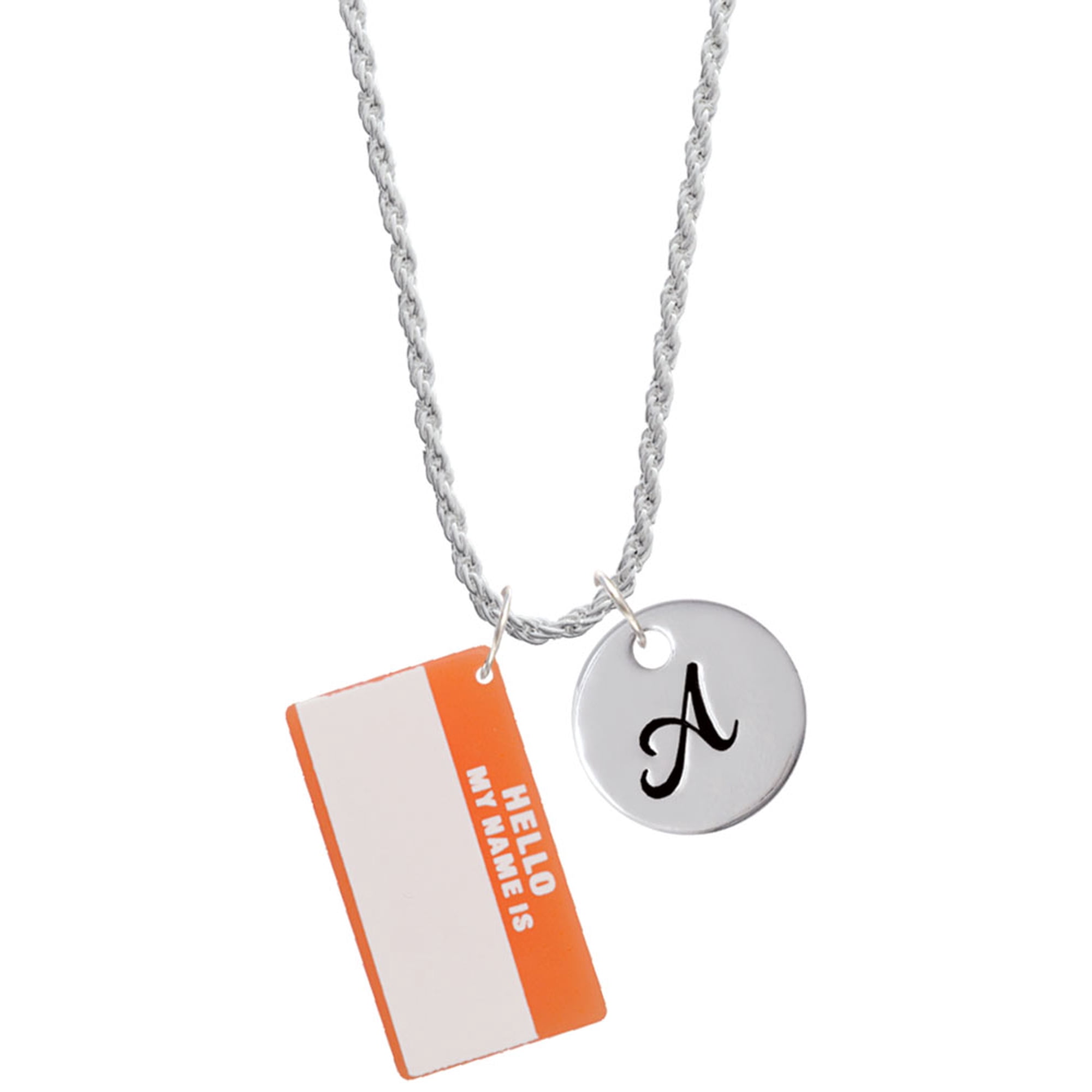 Delight Jewelry Acrylic Orange "Hello" Name Tag Silvertone Script Initial Disc - A - Charm Necklace, 20"+3"