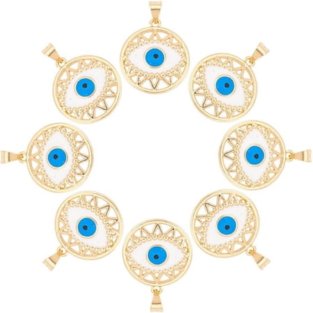 8 Pcs Evils Eye Charms Real 18k Gold Plated Brass Enamel Lucky Charms Flat Round Pendant Hanging Ornament Jewelry Accessories for Necklace Bracelet Jewelry Makings for making