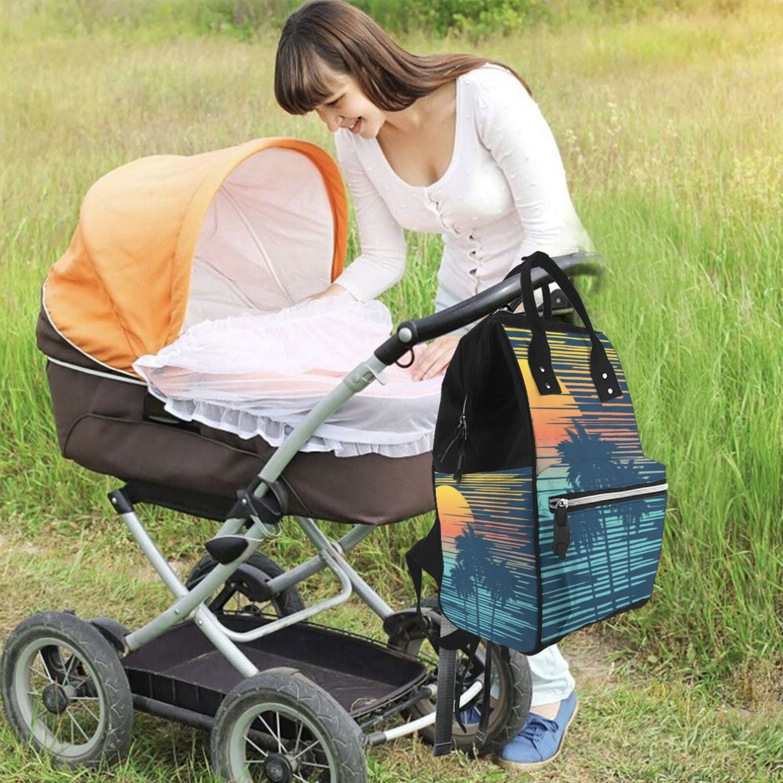 Ratiio Palm Trees Mummy Backpack - Waterproof Twill Canvas, Large Capacity Diaper Bag with Multiple Pockets and Adjustable Straps