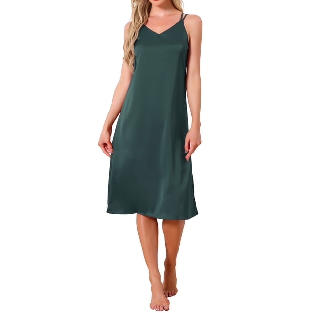 INSPIRAR CHIC Vestido de dormir para mujeres de satén sin mangas con doble tirante de espagueti, espalda cruzada sexy, escote en V, midi, bata de noche, L Verde