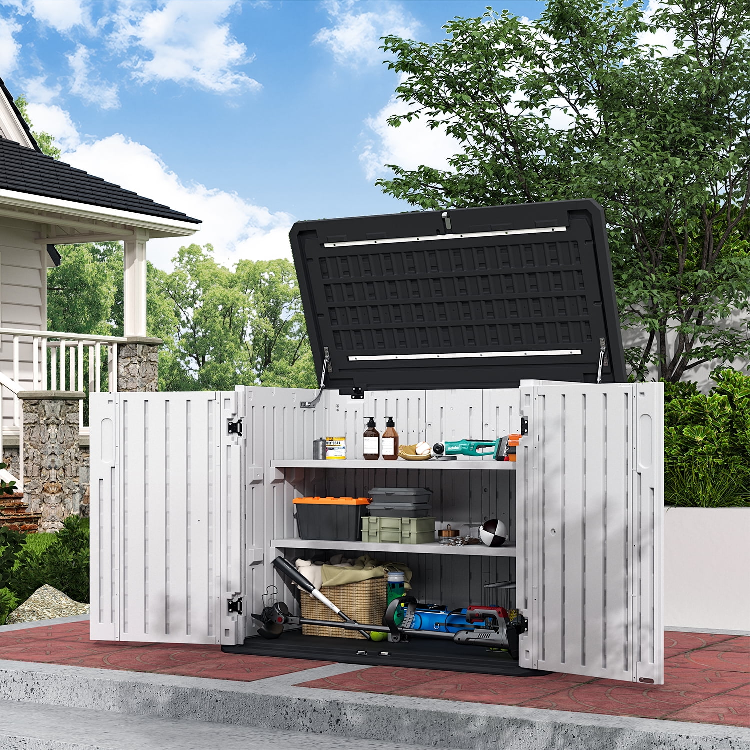 Cloudwell Outdoor Storage Shed with Metal Shelving Kit & Floor , 35 Cu.Ft Vertical Waterproof Resin Storage Cabinet for Garage Storage, Pool Storage, Bike Shed, Garden Tools, Patio Furniture, White