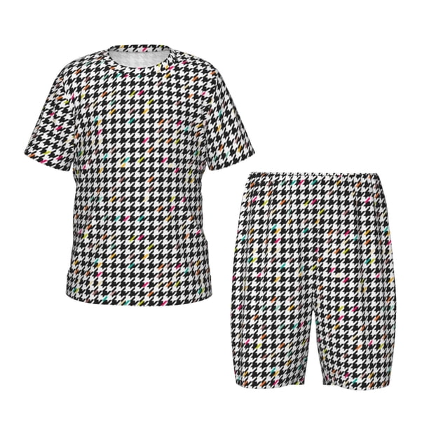 Balery Black And White Houndstooth Conjunto de Pijama Infantil de Manga Corta con Estampado – Ropa de Dormir de Algodón Suave-Large