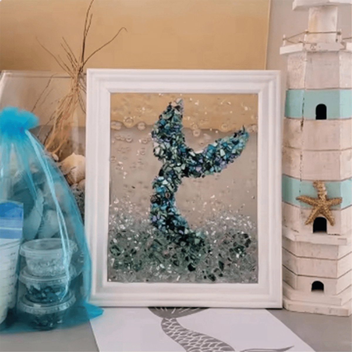 Ocean Theme Sea Glass Art Kit for Adults Photo Frame Easy Operation DIY Mosaic Arts and Craft Kits Handmade B