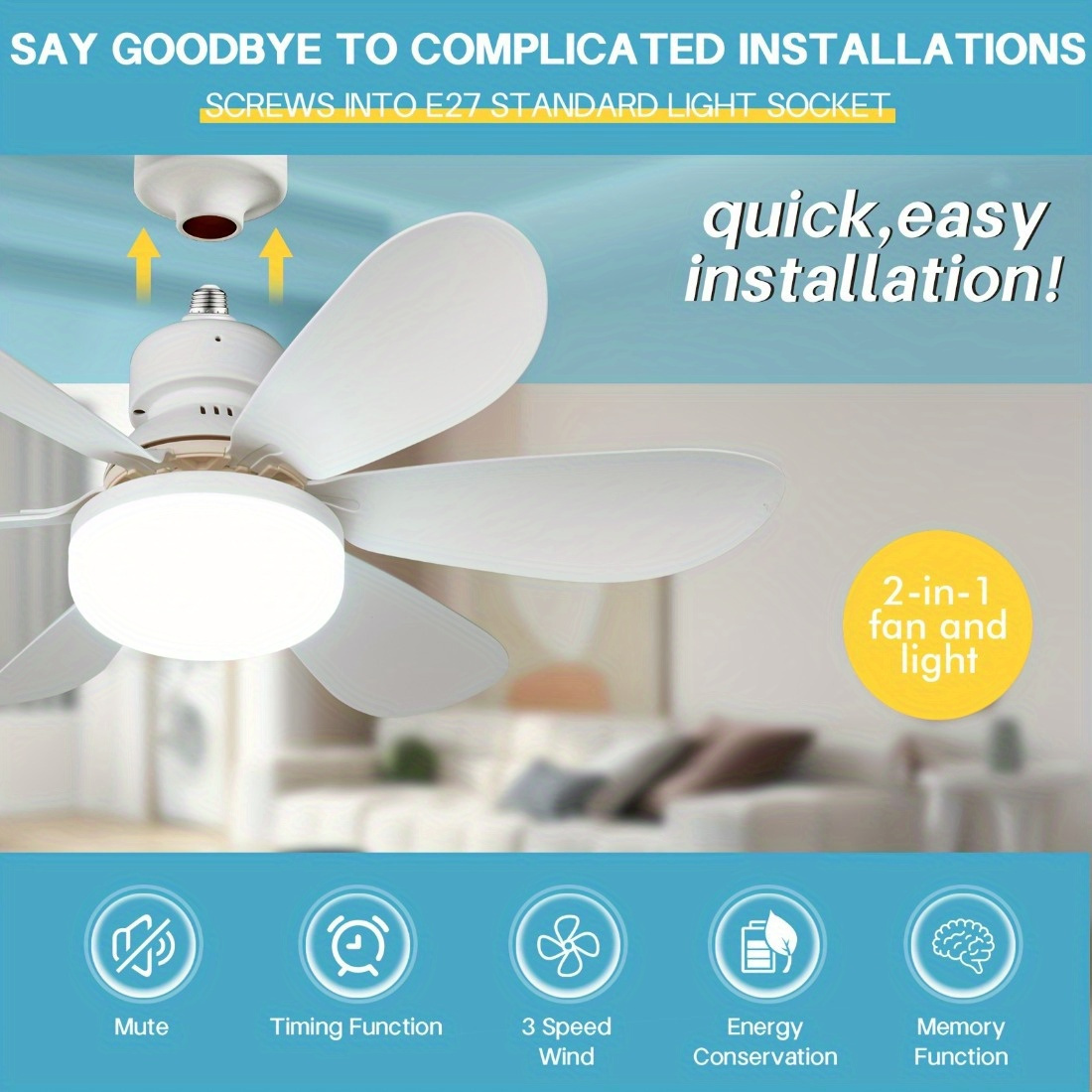 2-in-1 E27 Ceiling Socket Fan With Dimmable LED Light & Remote - 40W 3 Speed