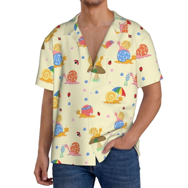 Fotbe Colorful Cartoon Snail Camisa Estampada de Manga Corta para Hombre, Casual de Verano, Estilo Playero, Sin Arrugas-X-Large