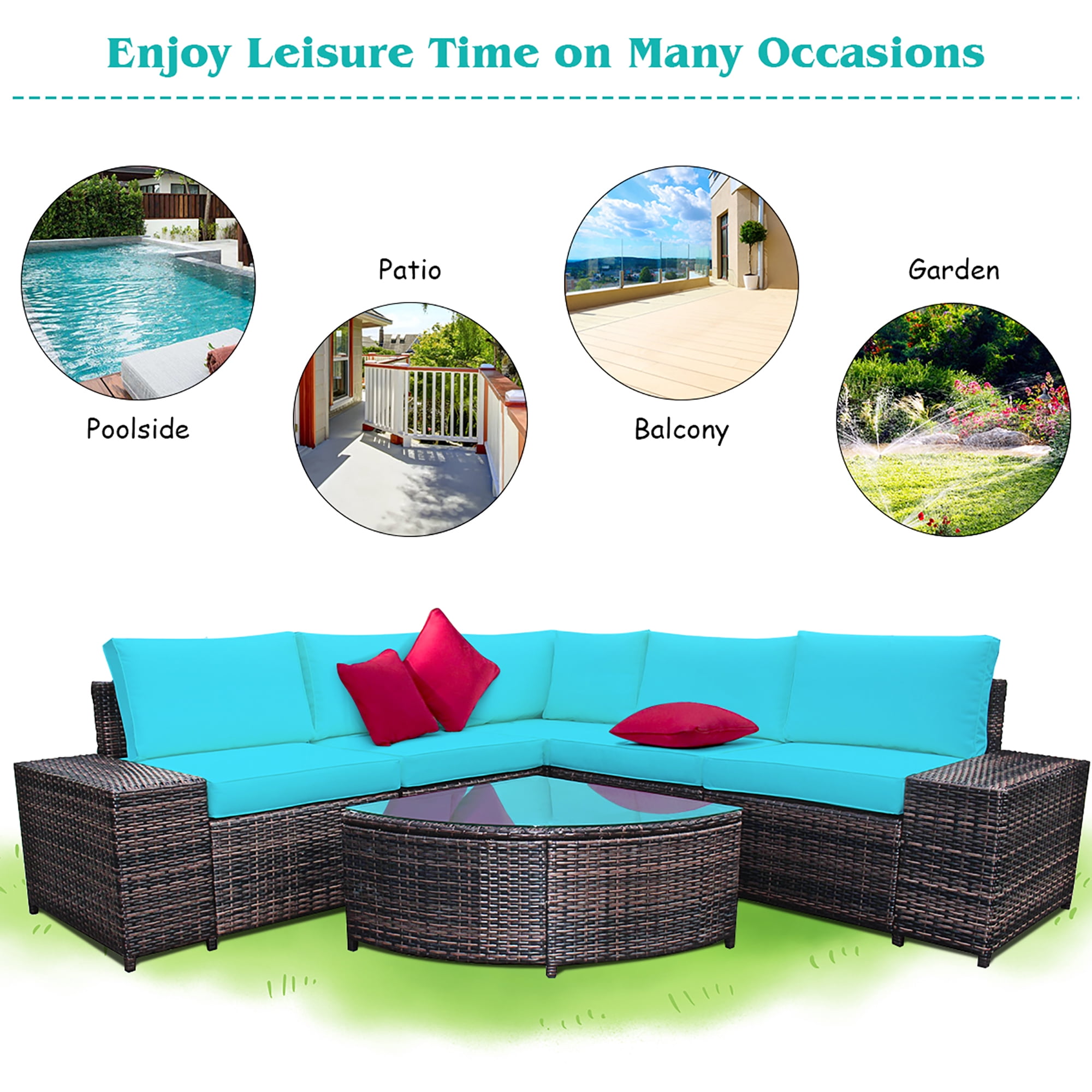 Costway 6PCS Rattan Furniture Set Conversation Cushioned Sofa Armrest Garden Turquoise