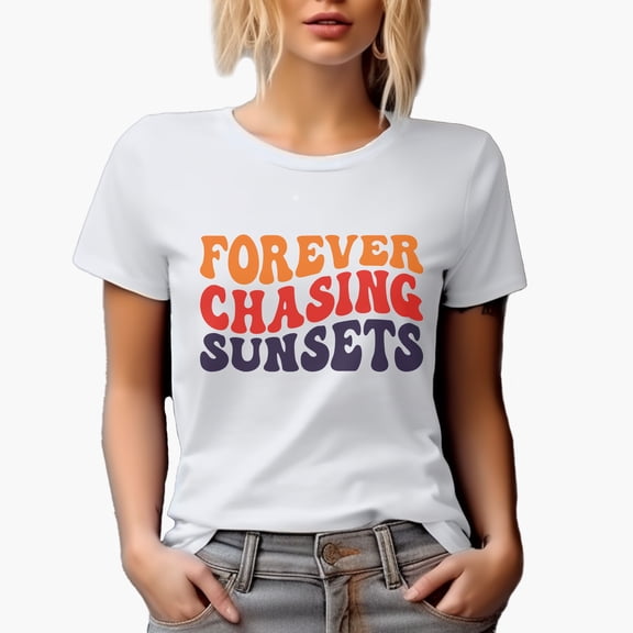 Forever Chasing Sunsets, Groovy Retro Wavy Text Merch Gift, White T-Shirt, Small