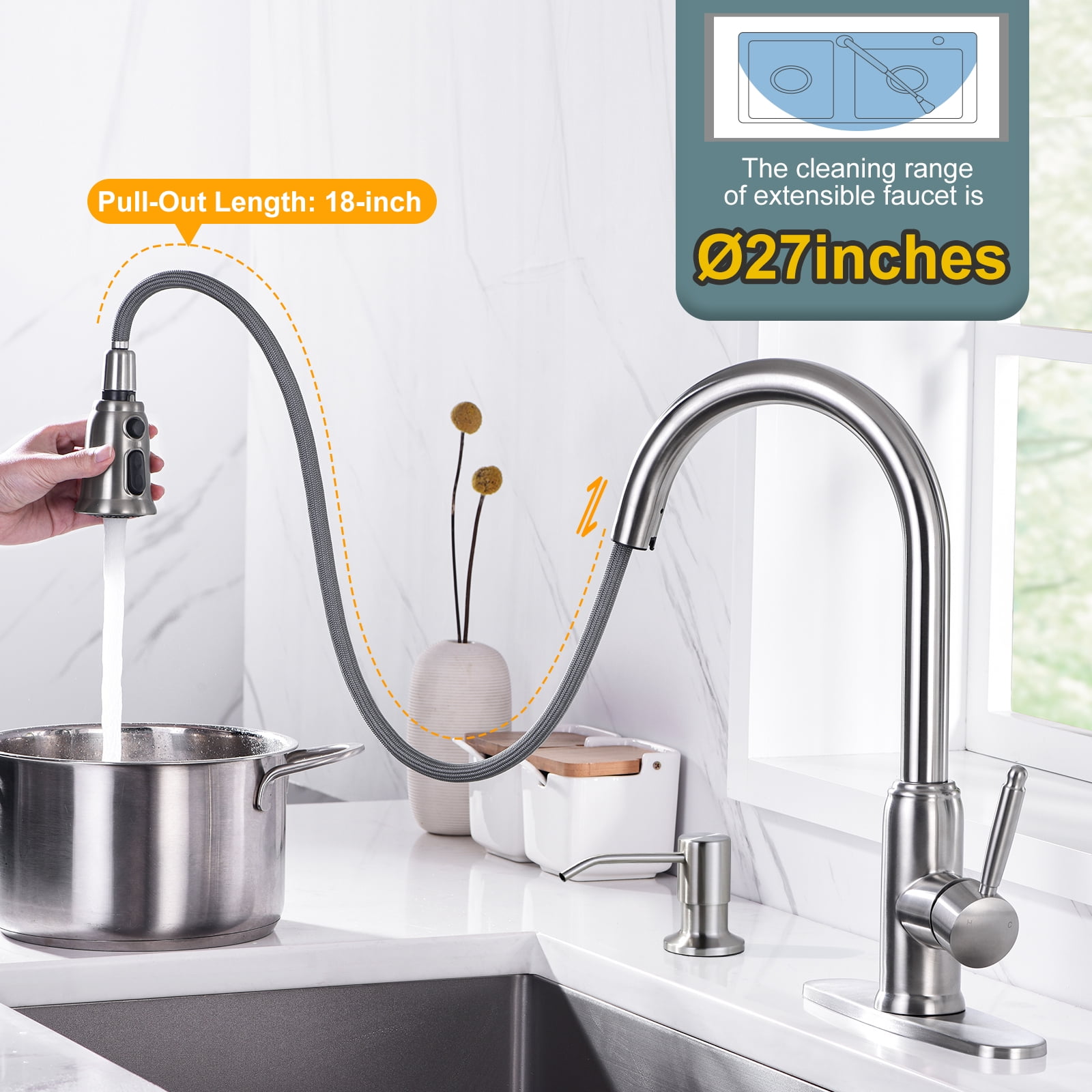 Wowow Stainless Steel Kitchen Faucet with Soap Dispenser, Brushed Nickel Kitchen Faucet for Sinks