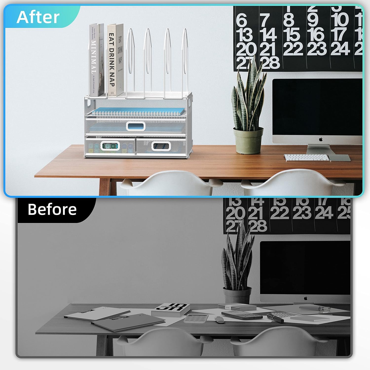 INTIGE 3 Tier Metal Desk Organizer with 3 Sliding Drawers, 5 Upright Sections, File Organizer, White