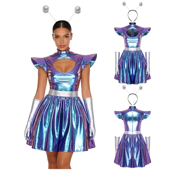 Aislor Womens Outer Space Alien Dress with Gloves Headband Halloween Space Cadet Rave Outfit Blue 3XL
