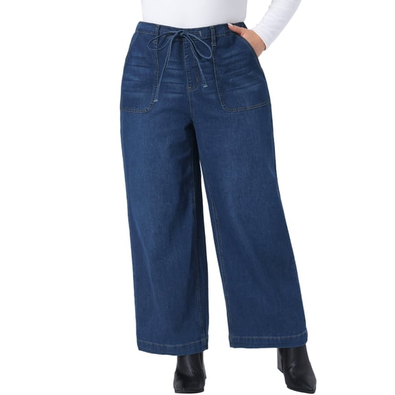 Agnes Orinda Women's Plus Size Drawstring High Waist Wide Leg Jeans Casual Holiday Denim Palazzo Pants with Pocket 1X Dark Blue