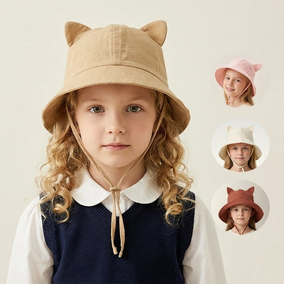 Minzimin Kids 100% Cotton Bucket Hat for Ages 6-14, Cute Cat Ear Fisherman Hat with Neck Flap Sun Protection Cap for Boys & Girls 1Pack