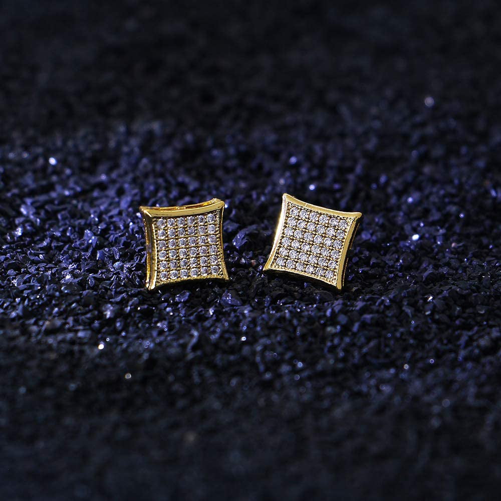 LuReen Gold Silver 11mm Square CZ Stud Earring of Mens Boy aretes para hombre 