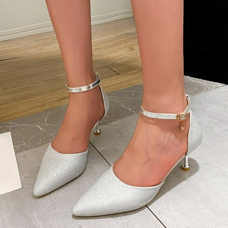 

Ladies Fashion Solid Color Pointed Toe Sandals Sequin Buckle Thin High Heel Shoes Yutnsbel