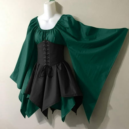 LEBONYARD Womens Dresses Clearance under $10 Gothic Dresses for Women Vintage Medieval Renaissance Dress Women Costumes Gothic Sleeve Corset Dresses Round-Neck Knee-High Dress Green XL