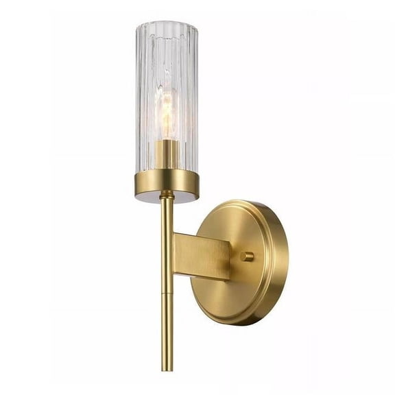 Globe Electric 91010168 1-Light Wall Sconce with Ribbed Clear Glass Shade - Matte Brass