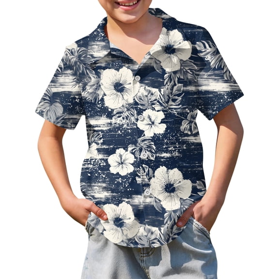 Abcomgle Boys Button Up Shirts Size 6-7 Cartoon Floral Print Boys Beach Outfit Button Down Short Sleeve Vacation Boys Shirts,Navy,9-10Years