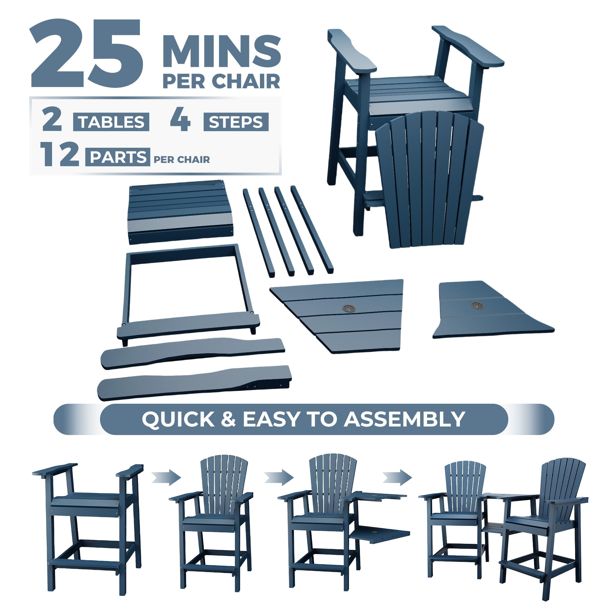 Outdoor Tall Adirondack Chairs Set of 2 HDPE, Paio Adirondack Barstools with Connecting Tray, Recycled Poly Patio High Adirondack Chairs for Deck, Backyard, Balcony