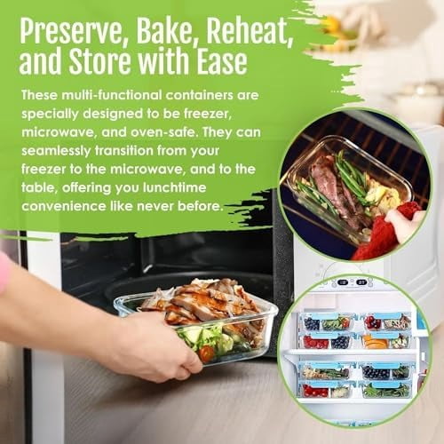 Glass Meal Prep Containers, 2 & 3 Compartments - Portion Control, Lunch Container Set, Food Storage, Airtight Lids, Oven & Freezer Safe, Leak-Proof Bento Box, 32 oz, Blue, 4 Pack