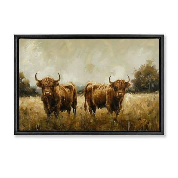 Stupell Industries Couple of Cows Animals & Insects Painting Black Floater Framed Canvas Art Print Wall Art, 25 x 17