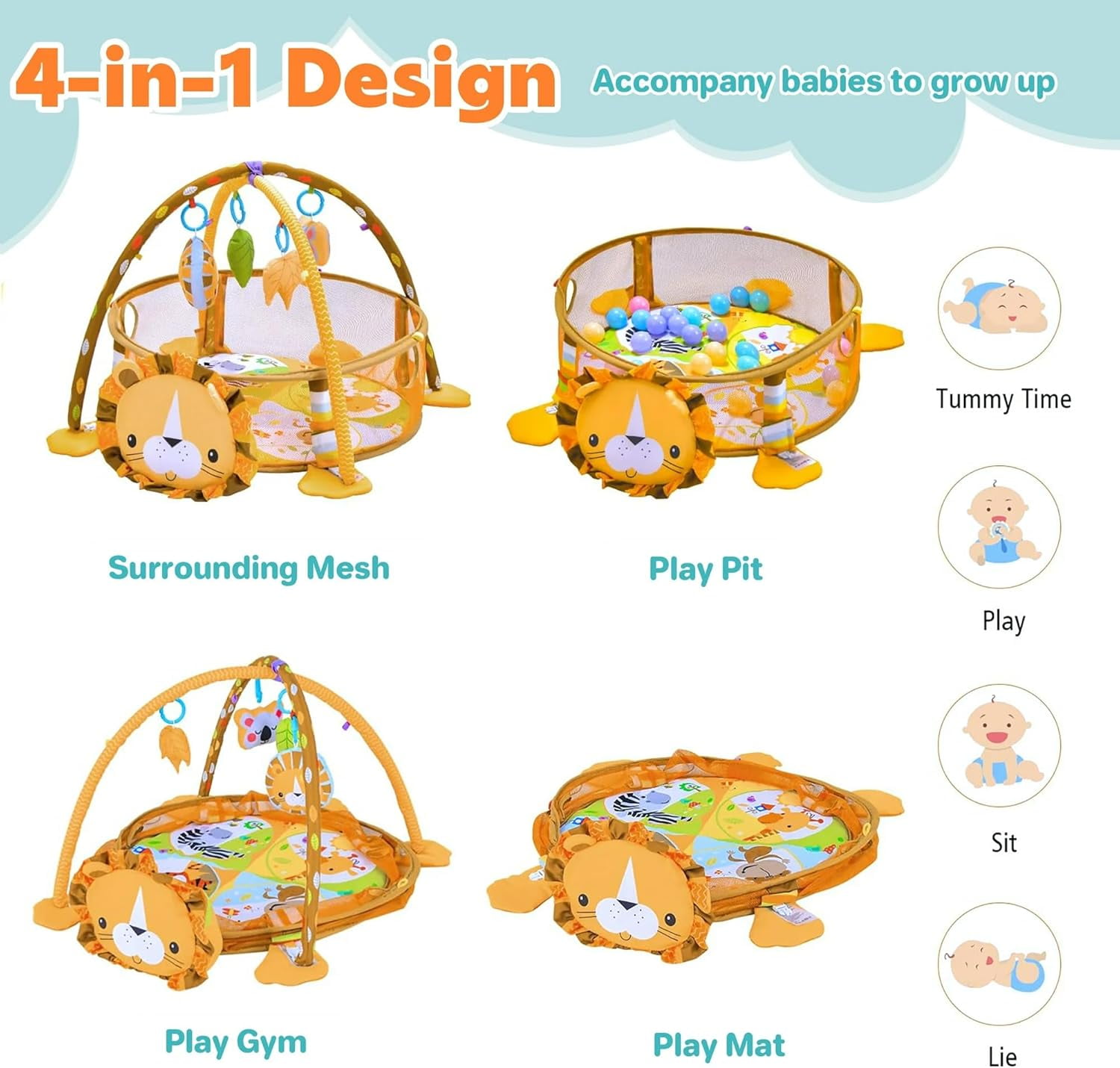 4-in-1 Baby Play Gym Mat - Infant Activity Center with Ball Pit, Tummy Time Play Mat & Safe Mesh for Ages 0-3 | Includes 4 Hanging Toys & 30 Balls | Soft, Washable, & Easy to Store