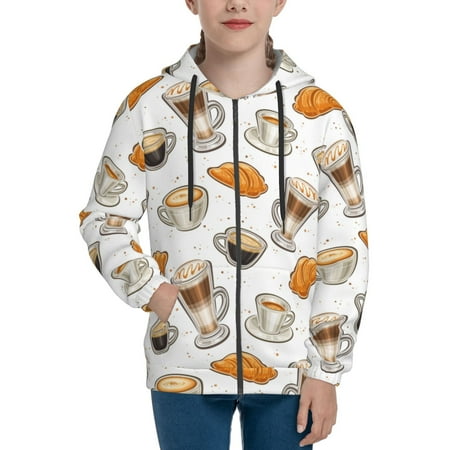 

Hoodies for Teen Girls Boys Bread Coffee Print White Long Sleeve Youth Kids Essentials Zip Up Hoodie Lghtweight Fashion Hoodies & Sweatshirts Jacket Fall Winter Outfits Tops