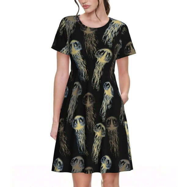 Fotbe Jellyfish Vestido Largo de Moda para Mujer, Vestido Tipo Camiseta con Manga Corta y Estilo Casual a Rayas y Bloques de Color