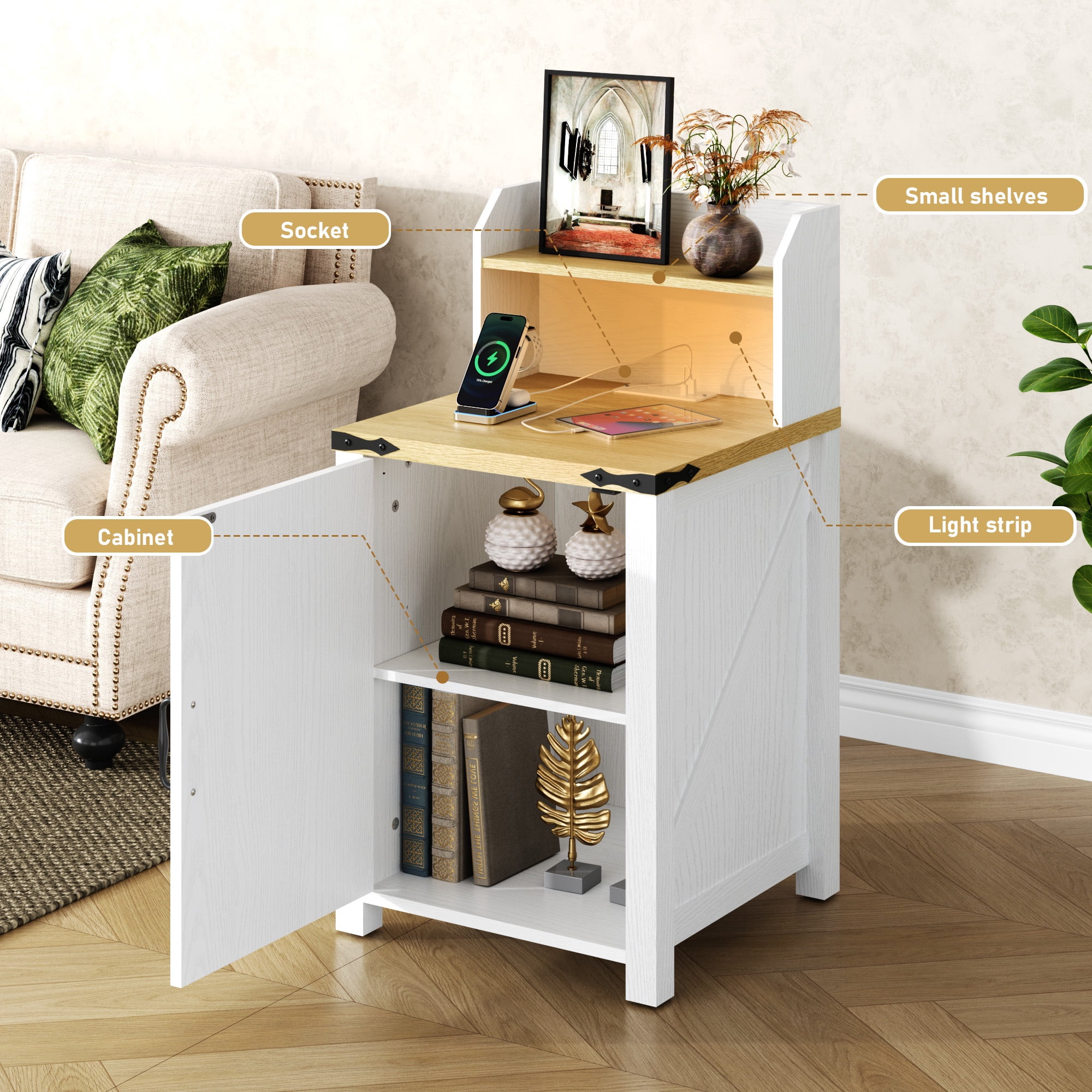 Holaki 18" Nightstand with Charging Station, End Table with LED Lights Strips, Rustic Wood Bedside Table with Adjustable Storage Shelf & Barn Door, Versatile Nightstand for Bedroom Living Room, White