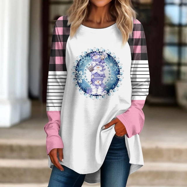 Sharpies Hauts pour Femmes Tendance, T-Shirt Décontracté à Manches Longues Imprimé Col Rond Ample, Blouse/rose, (TG)