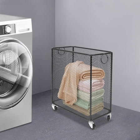 Black Iron 43*23*45cm Fine Mesh Laundry Basket With Wheels Storage Basket Breathable Storage Basket