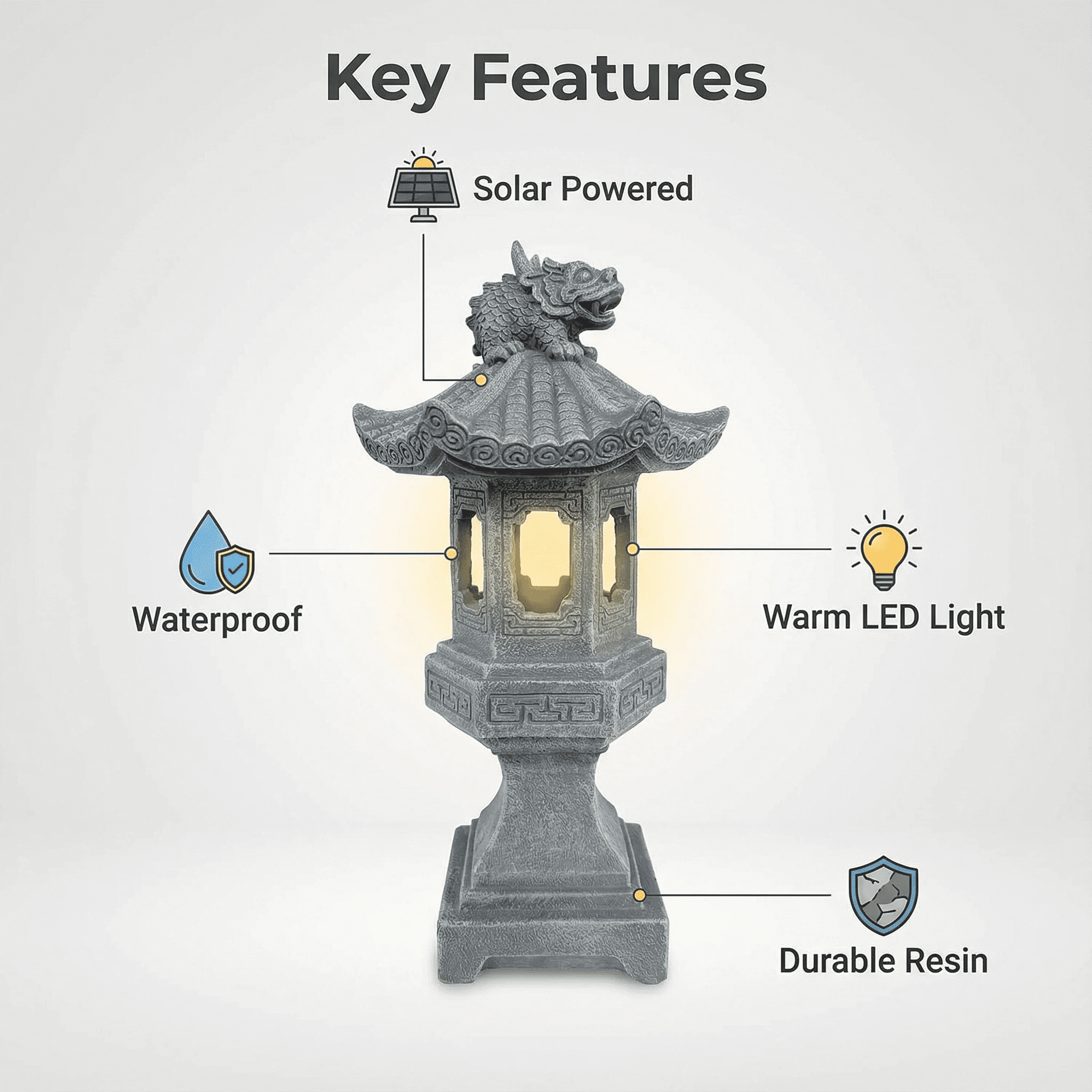 Japanese Resin Pagoda Lantern Garden Statue - Solar Outdoor Zen Garden Decor
