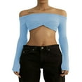 thumbnail image 1 of Women Off Shoulder Long Sleeve Top Mesh Ruched Slim Fit Crop T Shirt Sheer Blouse, 1 of 2
