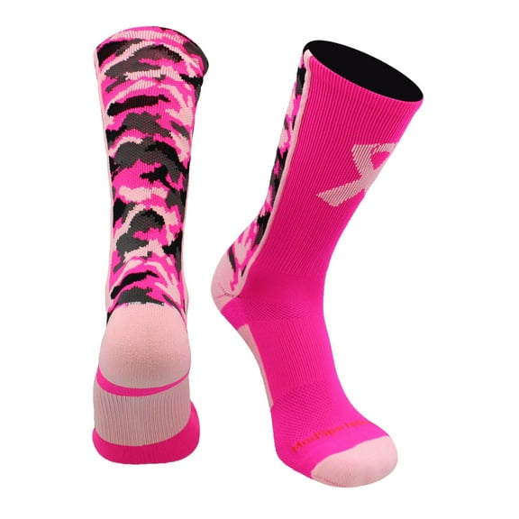 Pink Ribbon Awareness Camo Crew Socks (Neon Pink/Pale Pink, X-Large)