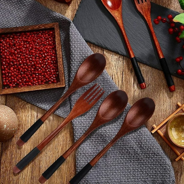 Juego de cuchara y tenedor de madera natural juego de vajilla japonesa de mango largo utilizado para acampar al aire libre vajilla de cocina 6 piezas Bodega Aurrera en linea