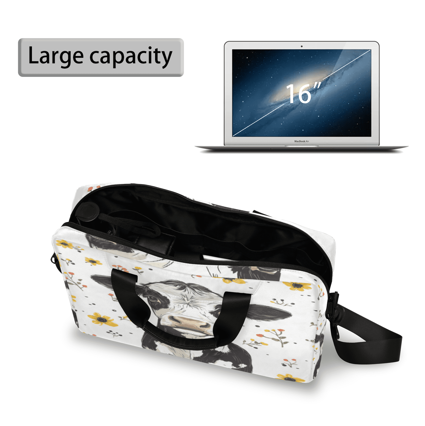 Herdesigns Cow Laptop Bag for Women Men, Computer Case Briefcase Messenger Bags, 15-15.6 inch Laptop Sleeve Shoulder Bag