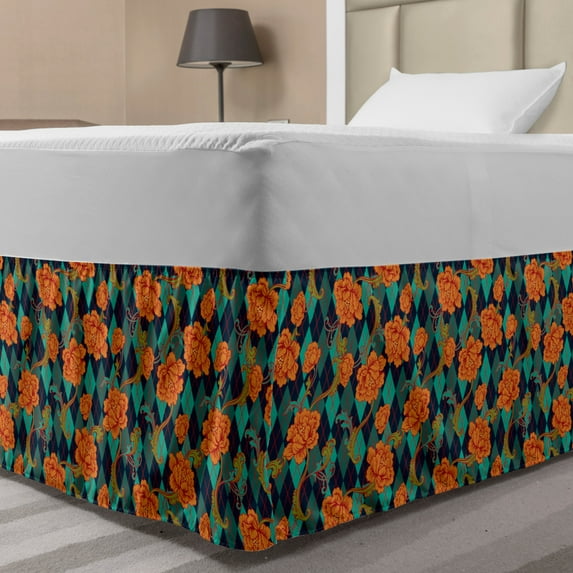 Renaissance Bed Skirt, Vibrant Baroque Blossoms over Geometric Diagonal Royal Romantic, Elastic Bedskirt Dust Ruffle Wrap Around for Bedding Decor, 4 Sizes, Turquoise Navy Blue, by Ambesonne