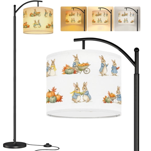 Arc Floor Lamp seamless children s illustrations rabbit autumn Tall Modern Standing Lamp LED Adjustable Linen Lampshade 3 Color Temperatures