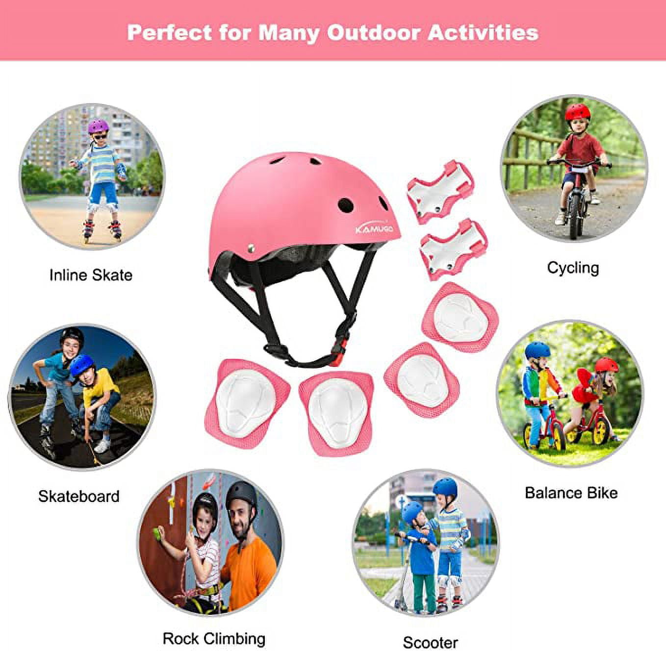 KAMUGO Kids Bike Helmet and Knee Pads 7Pcs ,Helmets for Kids Adjustable for 2~8 Years Girl , Pink