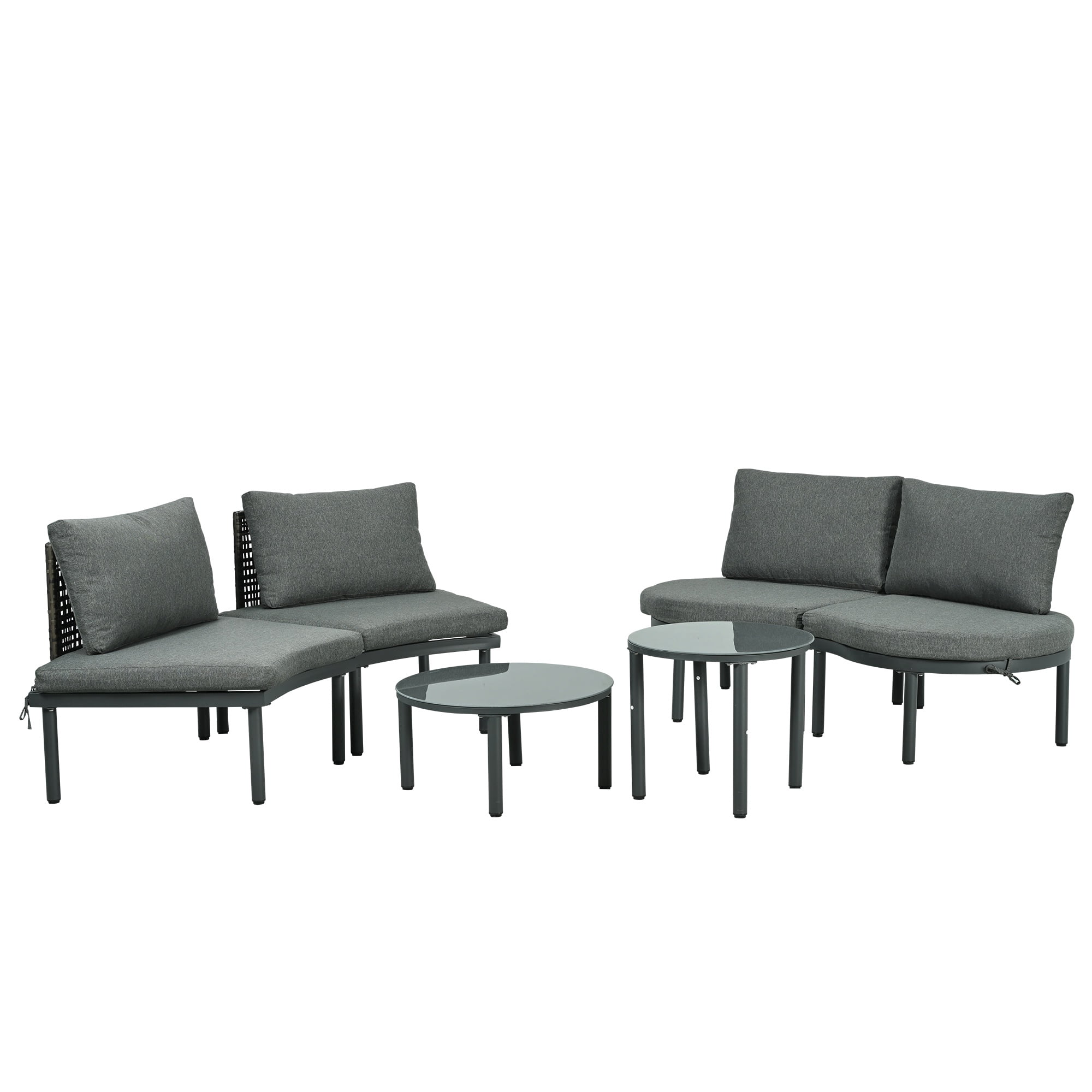 Upgrade Patio Furniture Set, Seizeen 6-Piece Half-Moon Patio Sofa Set, Modular Outdoor Sectional with 2 Round High-Low Coffee Tables, PE Wicker & Aluminum Frame, Tempered Glass Top, Cushions & Pillow